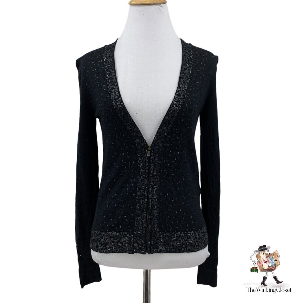 J. Crew Sequin Full Zip Cardigan Womens XS Extra Small Black Merino Wool *READ